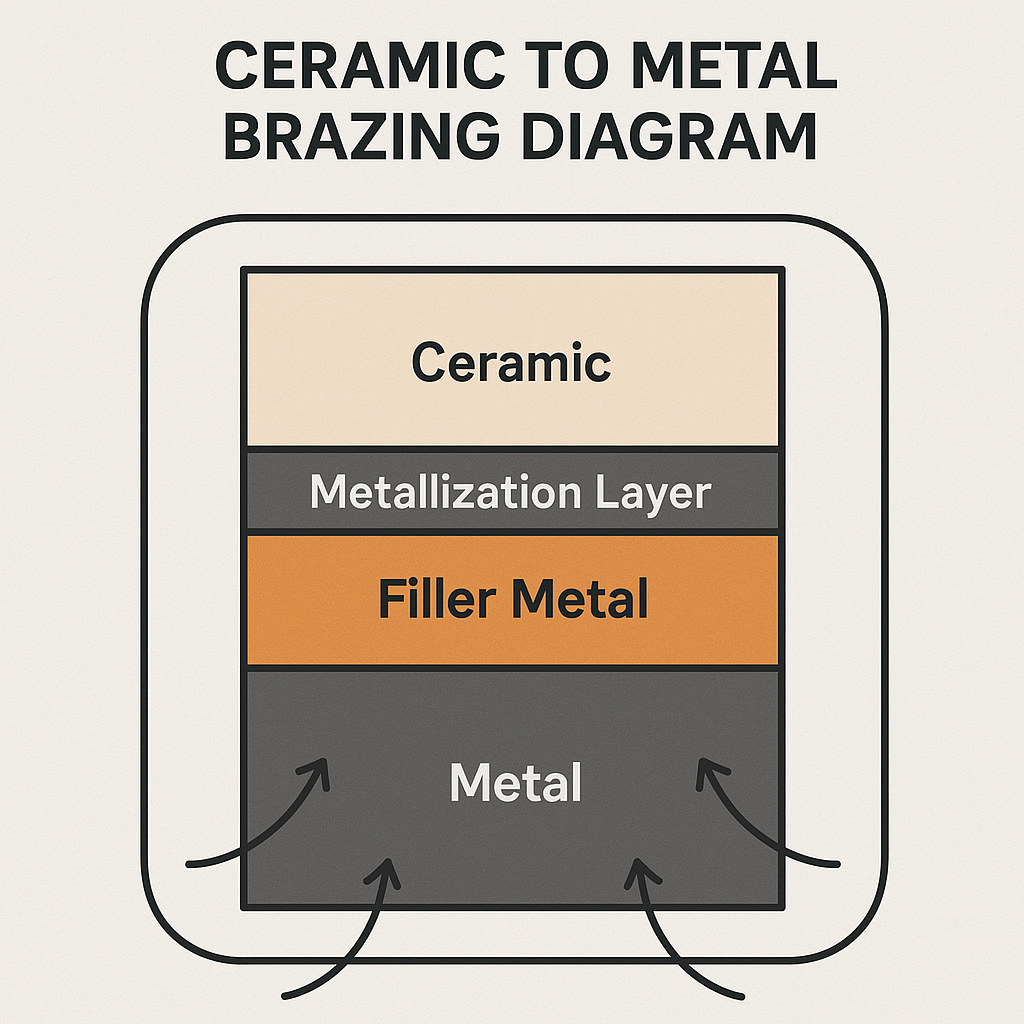 Diagram illustrating ceramic-to-metal brazing process with ceramic and metal layers joined in vacuum environment